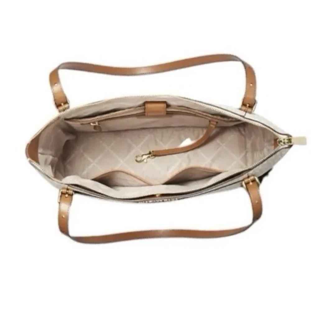 NWOT Michael Kors Ciara Vanilla & Tan Large TZ Tote Leather Bag Top Zip Logo - Picture 5 of 8